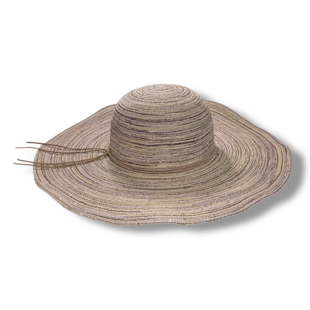 Indigo Soul Tan Metallic Silver Sequin Wide Brim Floppy Straw Sun Summer Hat